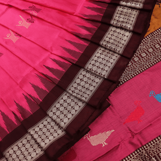 Handloom Pink Bomkai Silk Saree with Maroon ikkat border