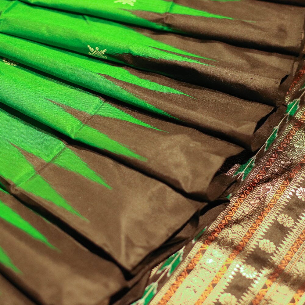 Handloom Green Bomkai Silk Saree with Black ikkat border