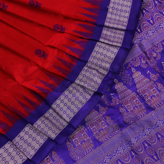 Handloom Red Bomkai Silk Saree with Blue border