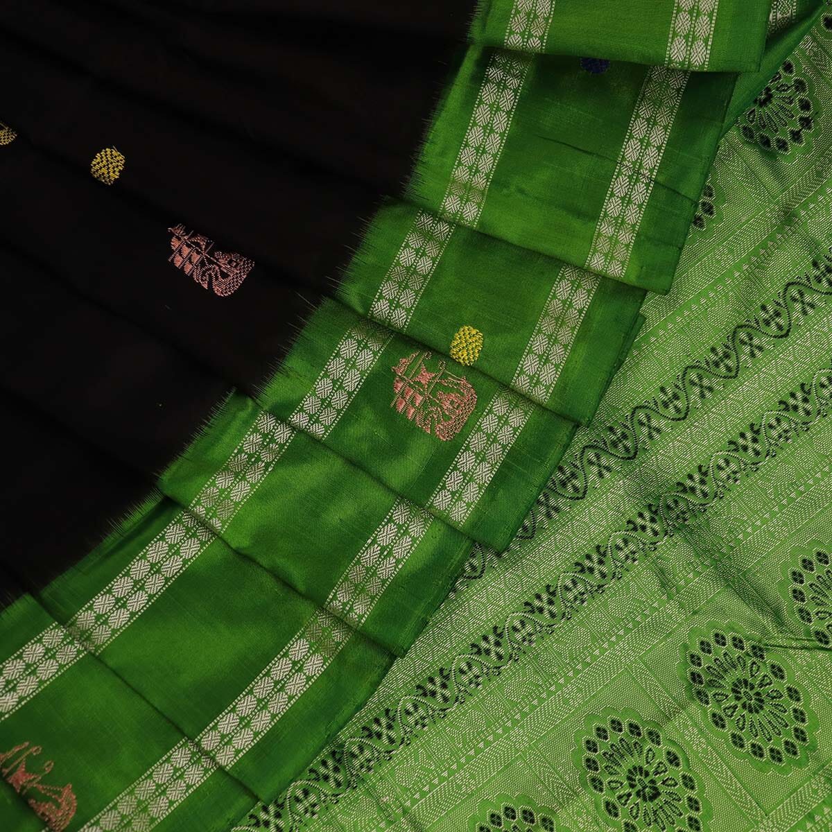 Handloom Black Bomkai Silk Saree with Green border