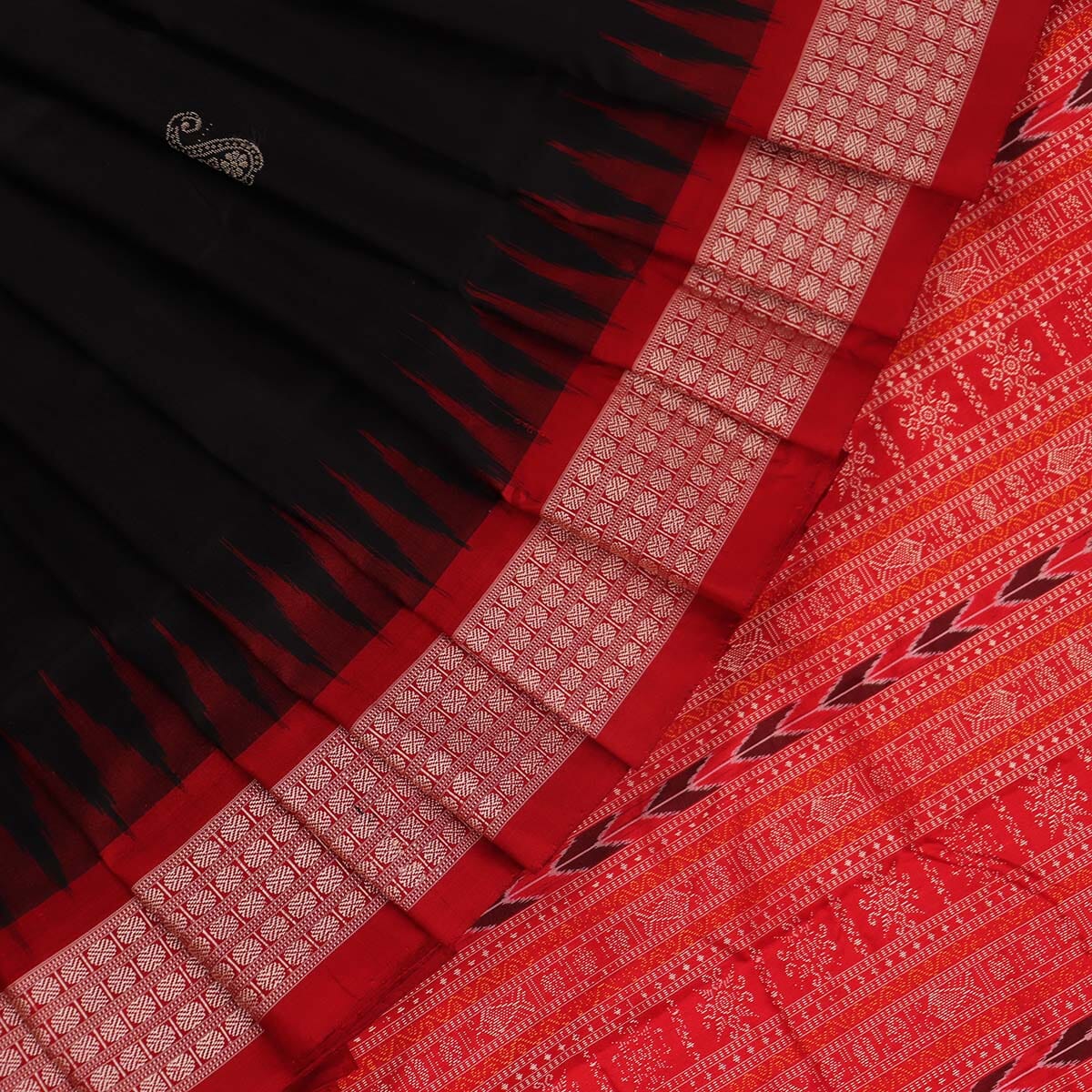 Handloom Black Bomkai Silk Saree with Red border