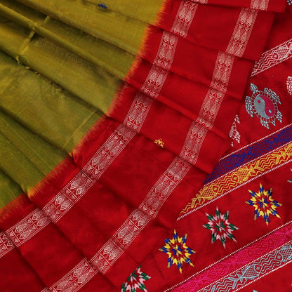 Handloom Green Bomkai Silk Saree with Red border