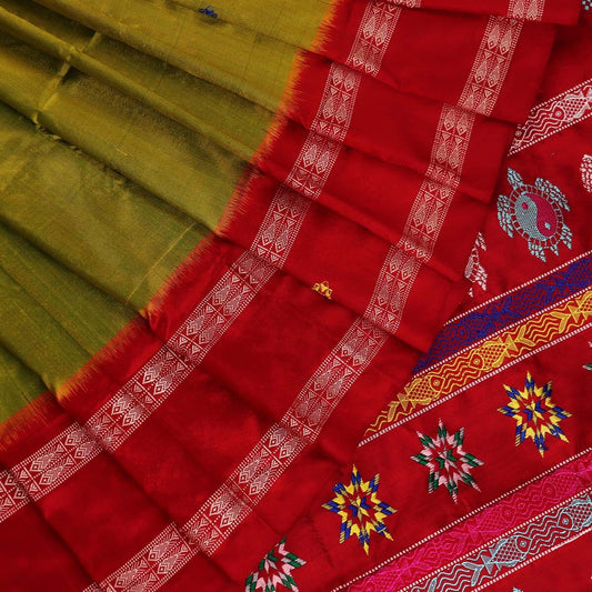 Handloom Green Bomkai Silk Saree with Red border