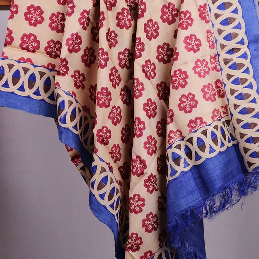 Cream Tussar Silk Dupatta with Blue Border B04-20-0089