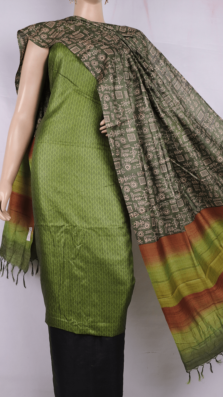 Green Ikkat Tussar Silk Dress Material C113800159