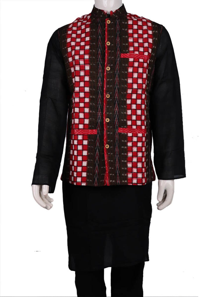 Red Cotton Ikkat Nehru Jacket for Men J0111 – Priyadarshini Handloom